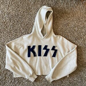 KISS Gray Cropped Hoodie with Navy Logo